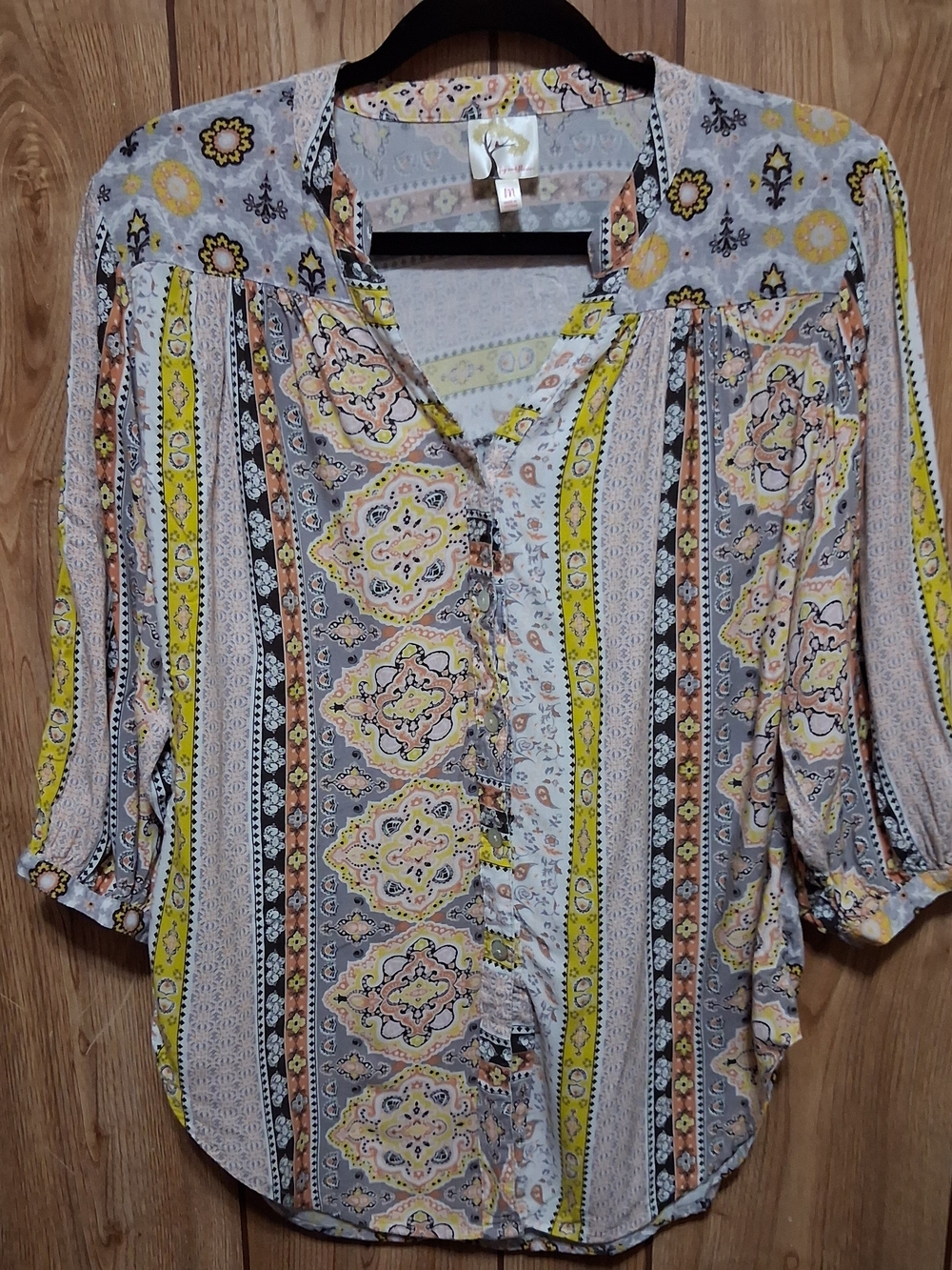 Fig and Flower Top Med Medallion Paisley ¾ Sleeves Blouse Bohemian